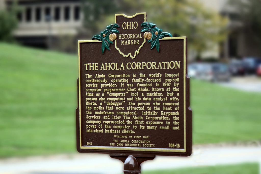 A historical marker for the Ahola Corporation